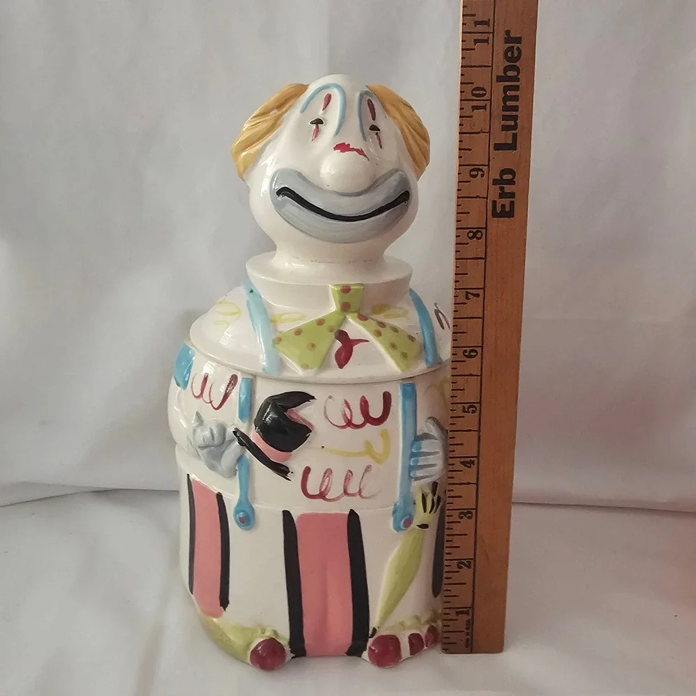 Vintage Japan Ceramic Clown Cookie Jar Circus Mid Century MCM Figural 10.5